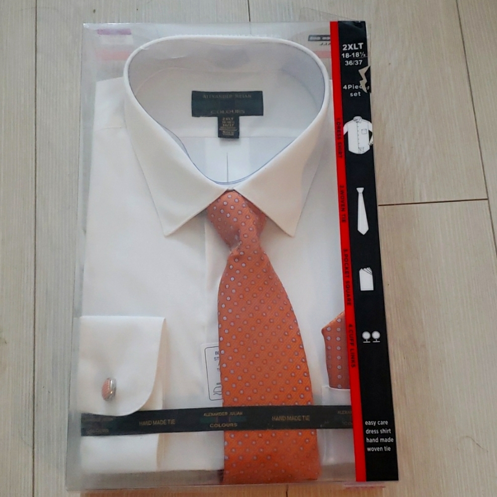 Alexander Julian Colours White Dress shirt, Woven Tie, Pocket square, Cuff links